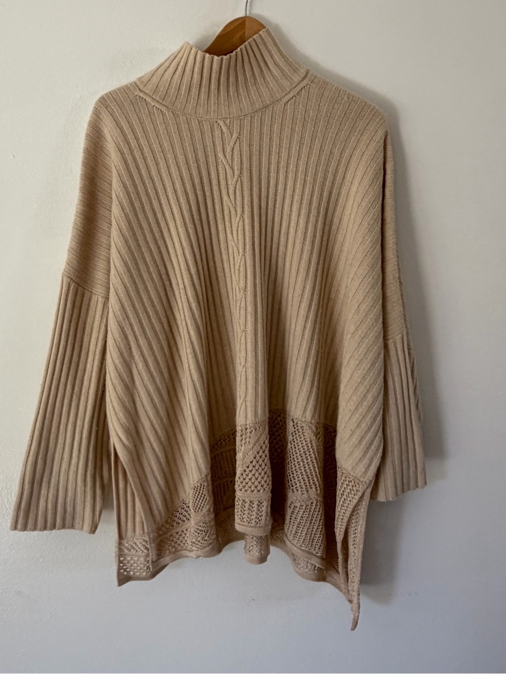Escada Silk Cashmere Wool Asymmetrical Turtleneck Ribbed Poncho Sweater In Beige